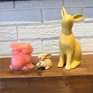 Set of Three Decorative Bunny Figurines in Pink and Yellow